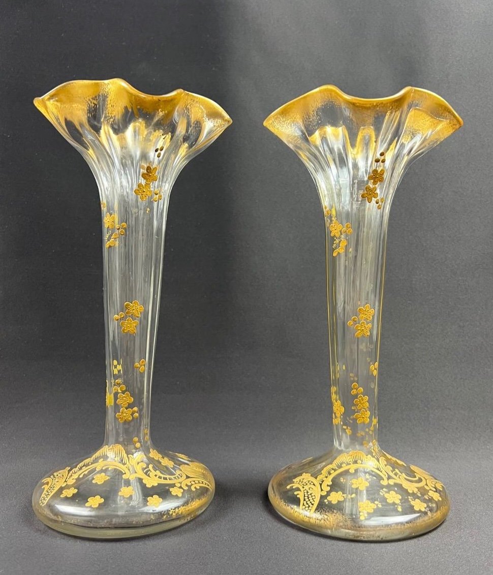 Pair Of Vases. Old Baccarat, Circa 1890, Gold H. 25 Cm-photo-4