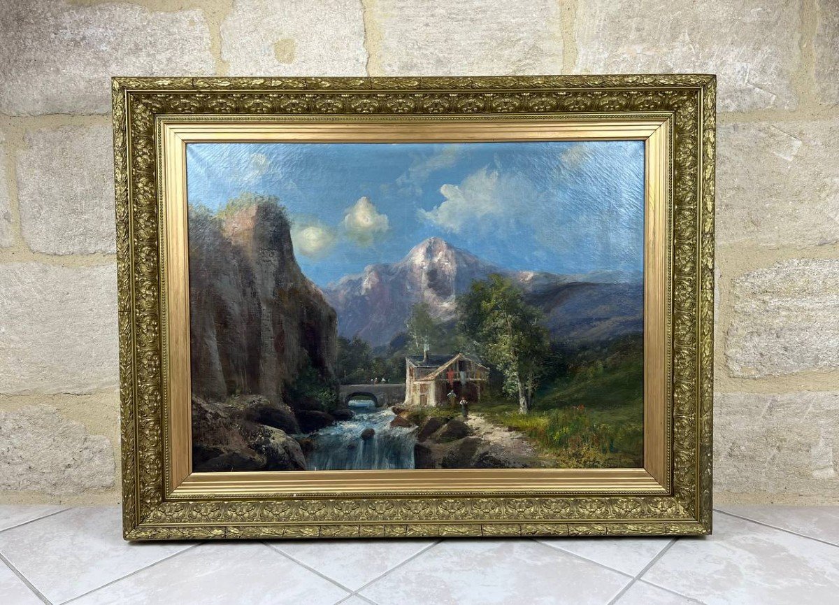 Oil On Canvas Signed Godchaux "animated Landscape At The Waterfall"-photo-2
