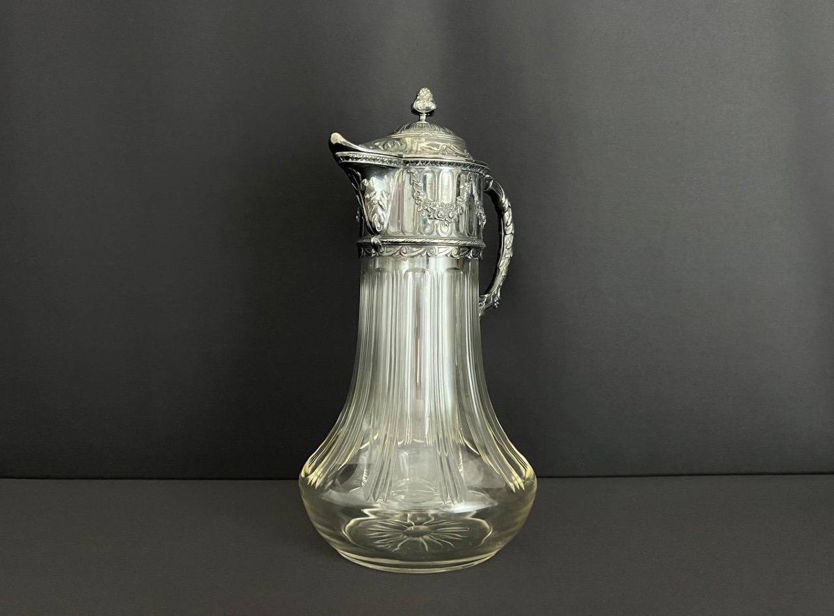 Cut Crystal Ewer, Louis XVI Style Silver Metal Frame-photo-4