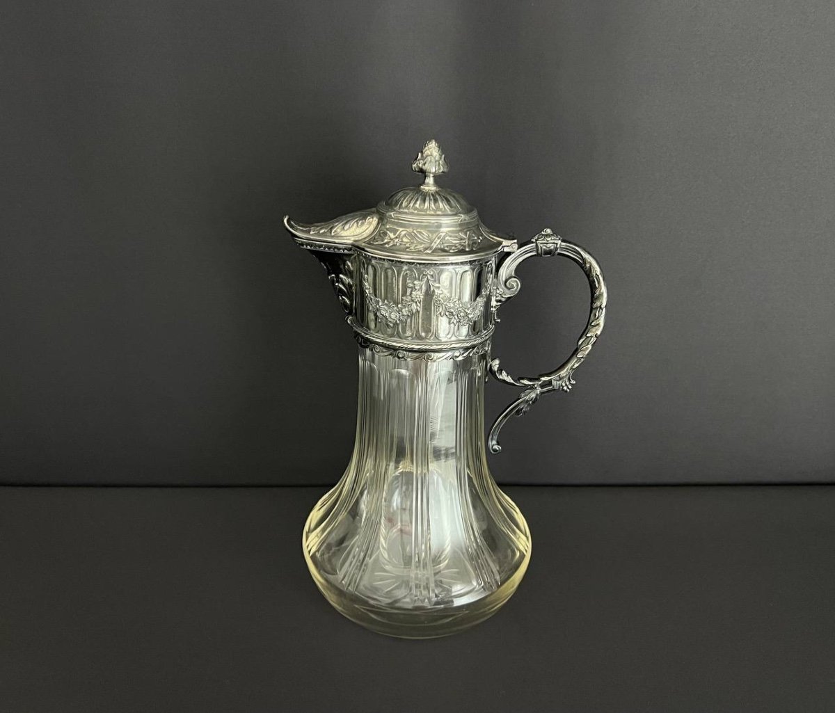 Cut Crystal Ewer, Louis XVI Style Silver Metal Frame-photo-2