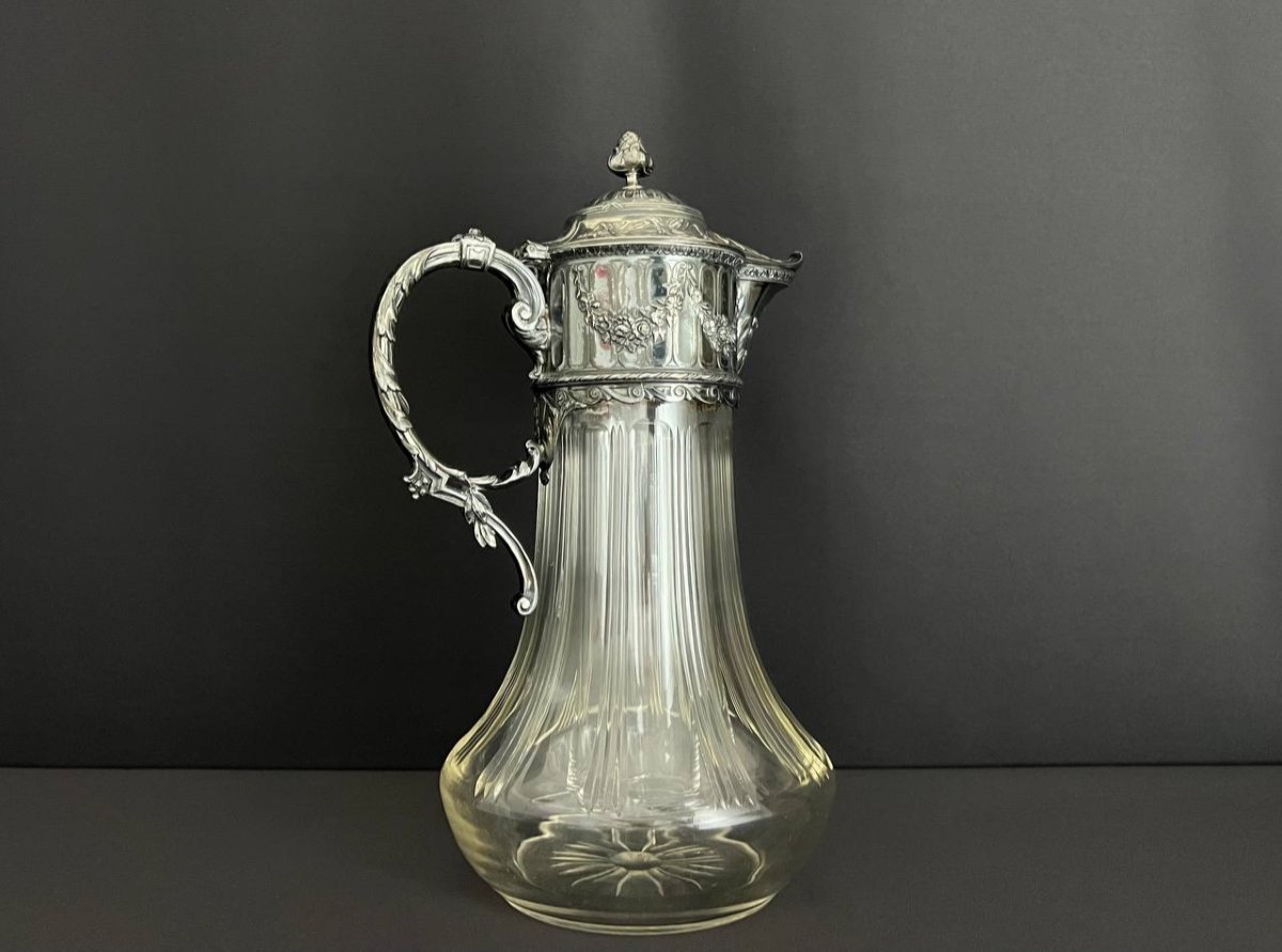 Cut Crystal Ewer, Louis XVI Style Silver Metal Frame-photo-3