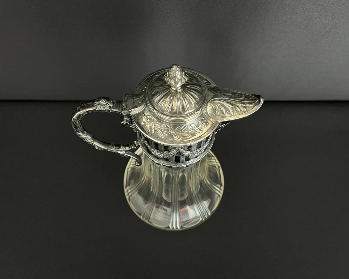 Cut Crystal Ewer, Louis XVI Style Silver Metal Frame-photo-4