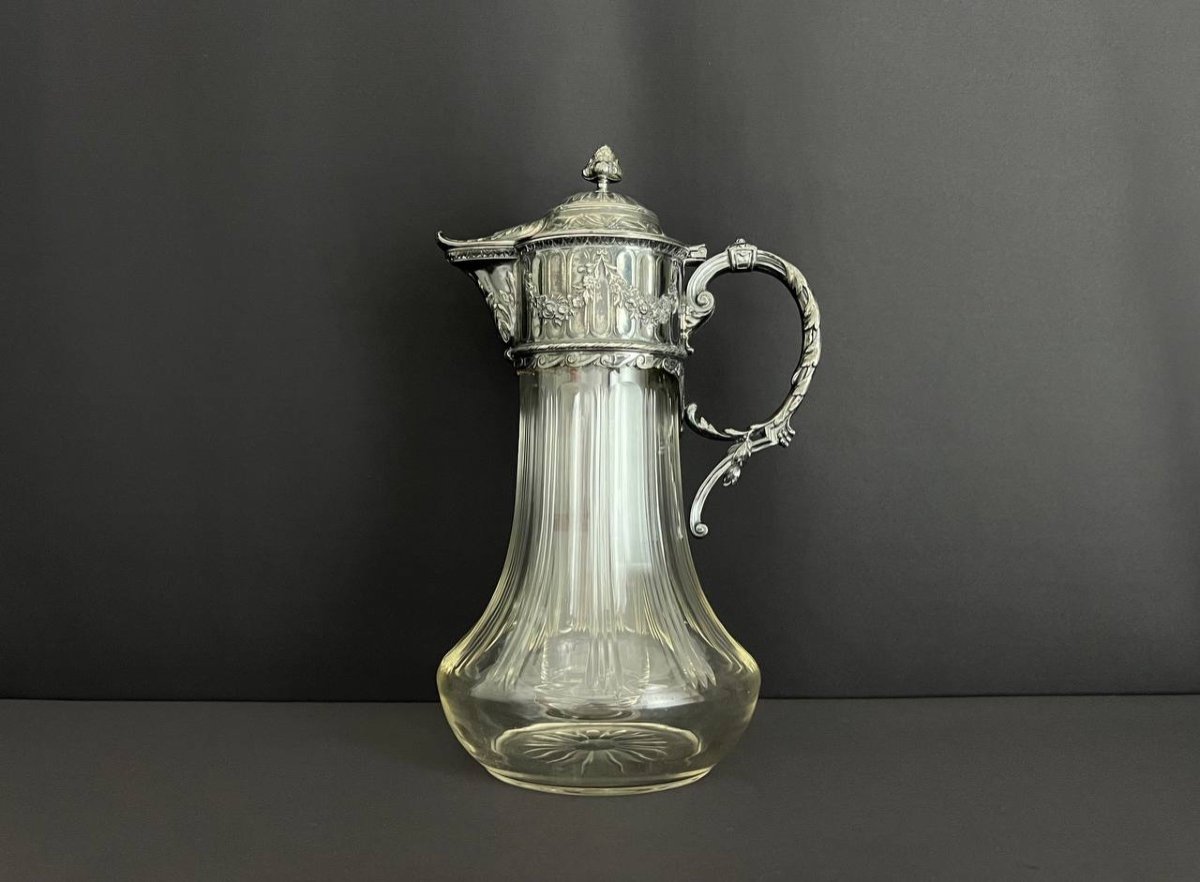 Cut Crystal Ewer, Louis XVI Style Silver Metal Frame