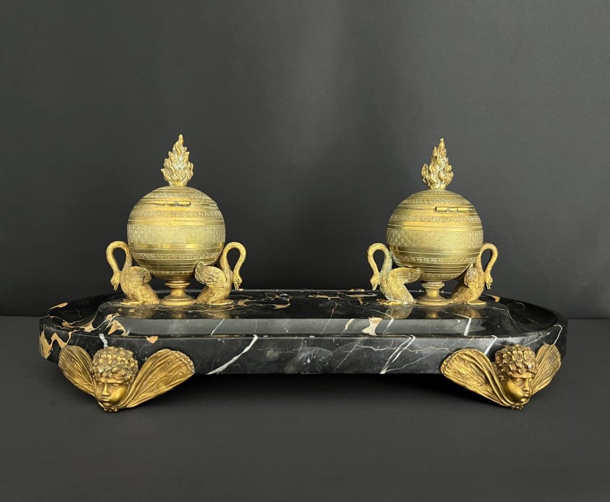 Bronze And Black Marble Inkwell, 19th Century, Napoleon III Period-photo-1