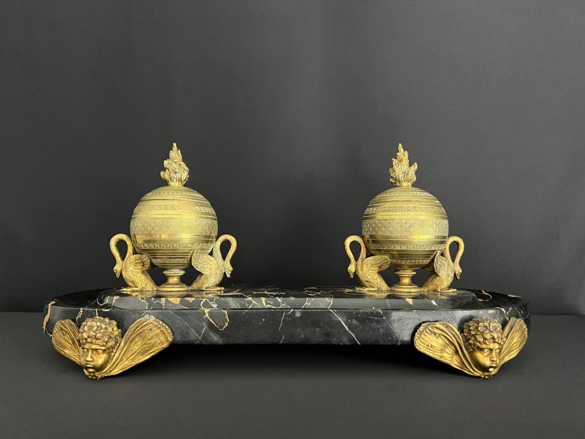 Bronze And Black Marble Inkwell, 19th Century, Napoleon III Period-photo-2