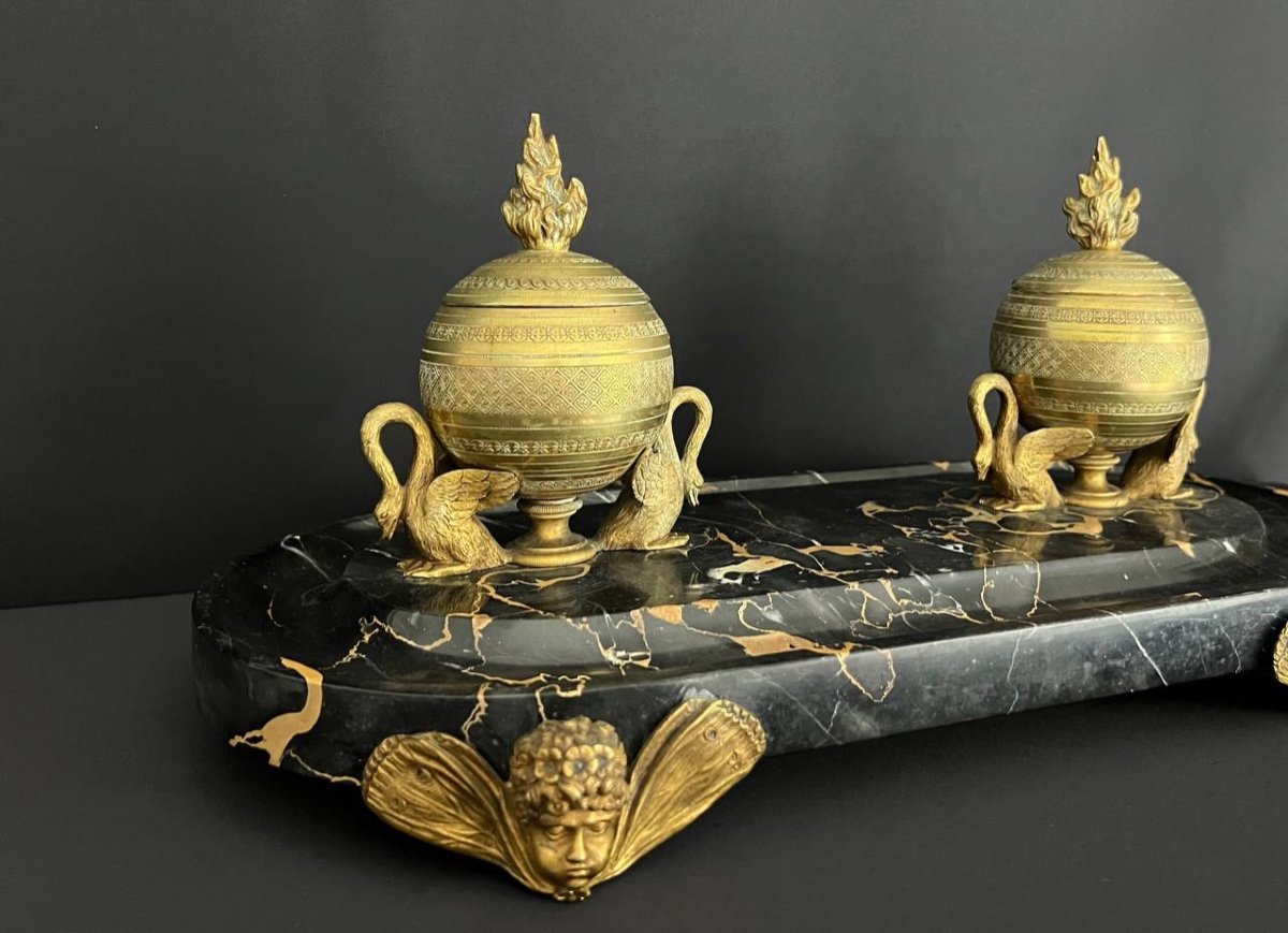 Bronze And Black Marble Inkwell, 19th Century, Napoleon III Period-photo-4