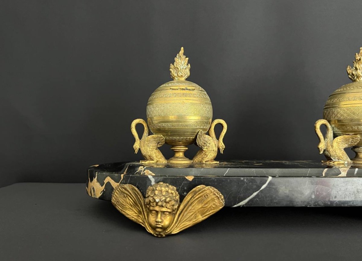 Bronze And Black Marble Inkwell, 19th Century, Napoleon III Period-photo-7