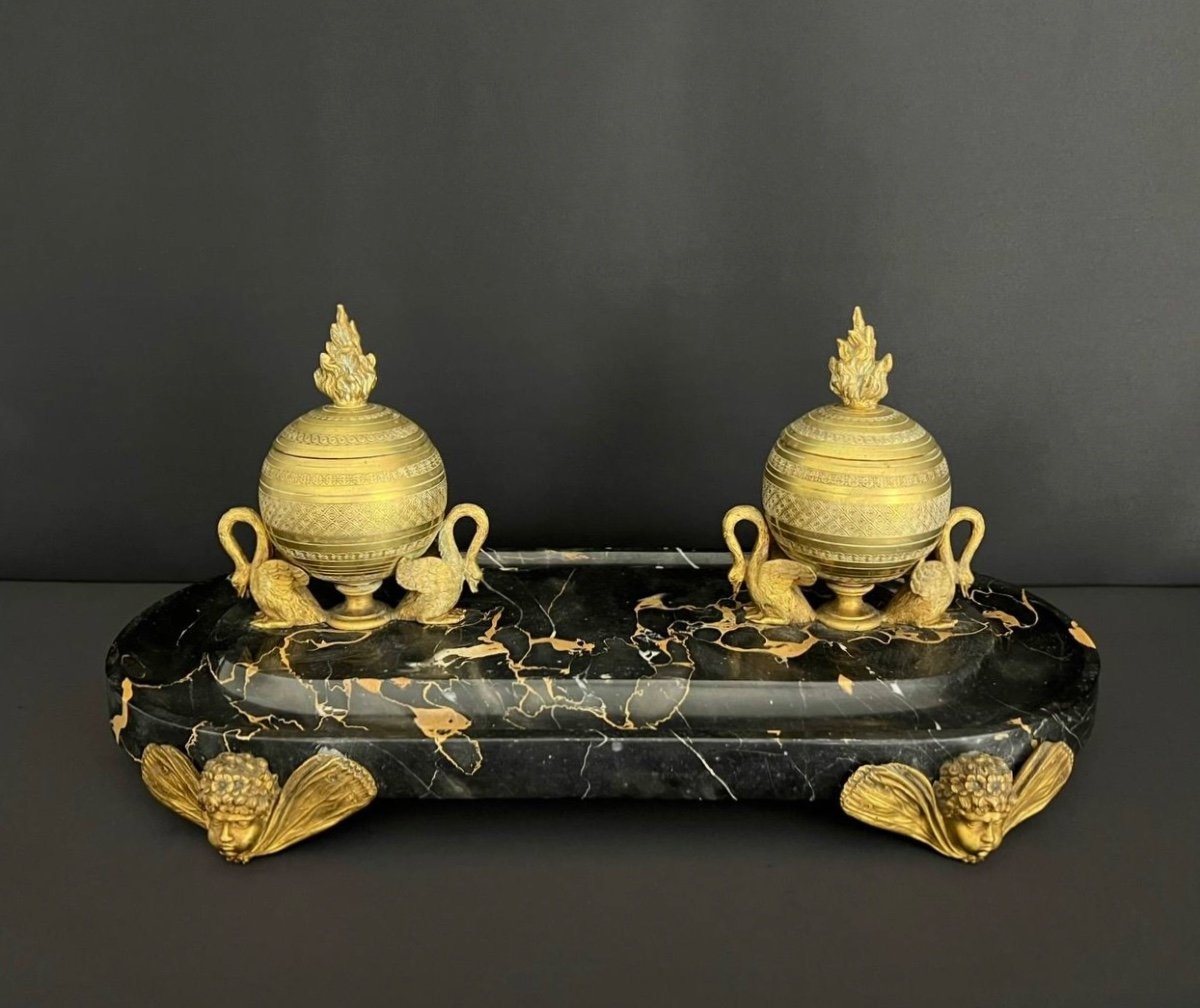 Bronze And Black Marble Inkwell, 19th Century, Napoleon III Period