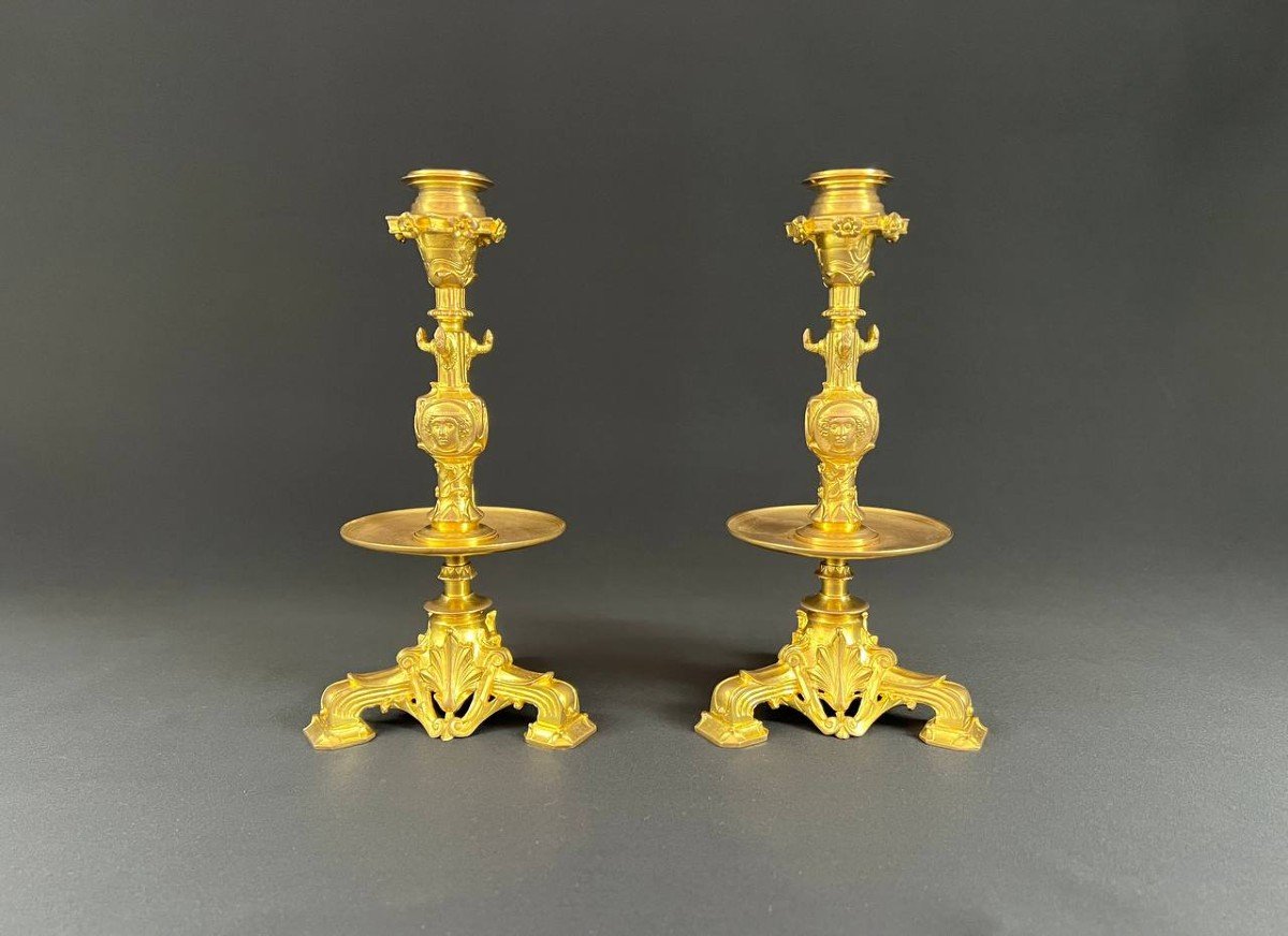 Pair Of Gilt Bronze Tripod Candlesticks Barbedienne Ferdinand (1810-1892)-photo-1