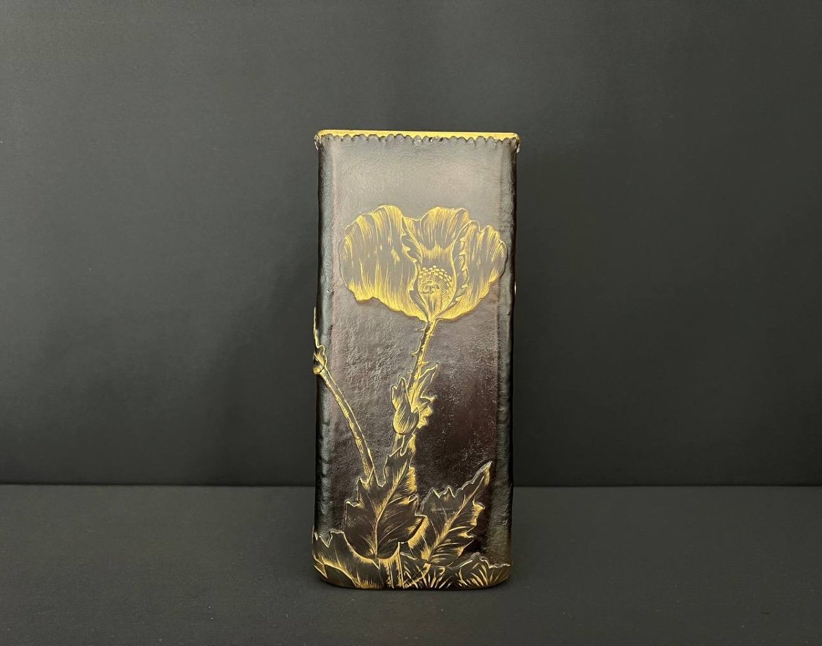 Daum - Nancy Acid Etched And Gilded Glass Vase With Poppy And Butterfly Decor.-photo-3