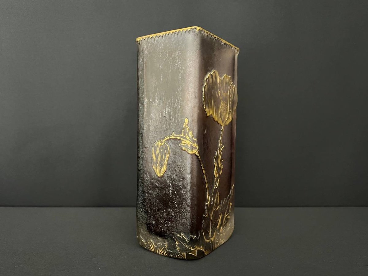 Daum - Nancy Acid Etched And Gilded Glass Vase With Poppy And Butterfly Decor.-photo-5