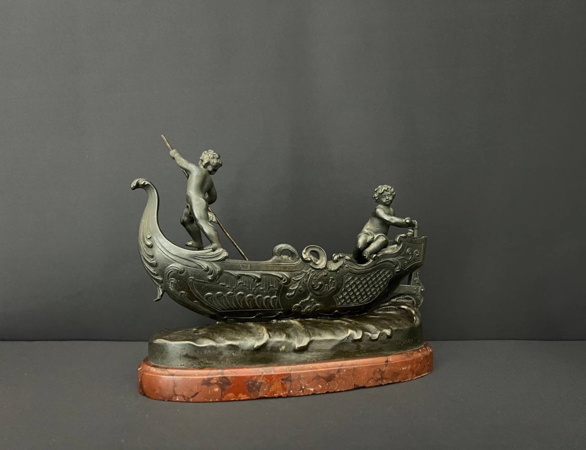 Bronze Subject Attributed To Sylvain Kinsburger (1855-1935). Boat Guided By Two Loves-photo-2