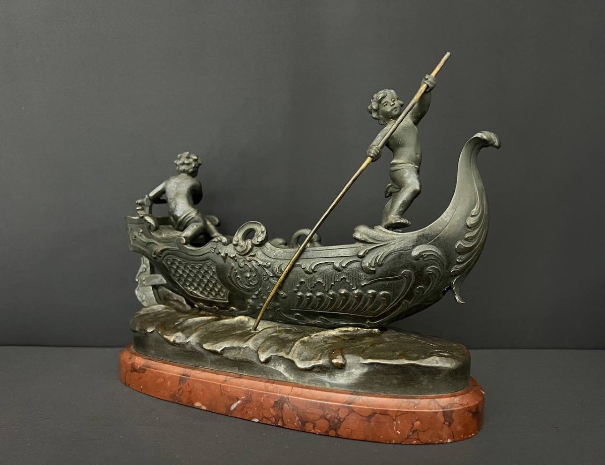 Bronze Subject Attributed To Sylvain Kinsburger (1855-1935). Boat Guided By Two Loves-photo-3