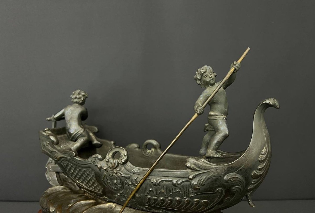 Bronze Subject Attributed To Sylvain Kinsburger (1855-1935). Boat Guided By Two Loves-photo-4