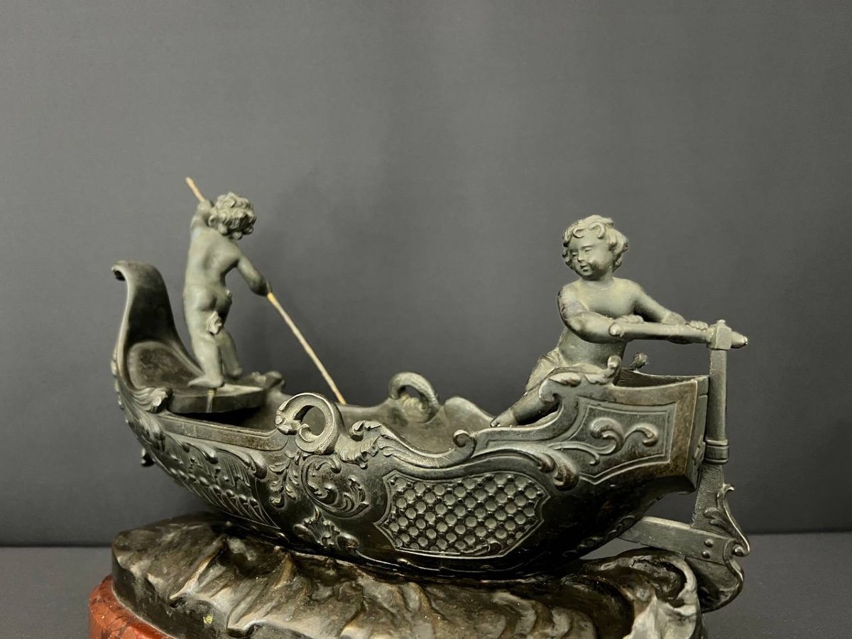 Bronze Subject Attributed To Sylvain Kinsburger (1855-1935). Boat Guided By Two Loves-photo-5