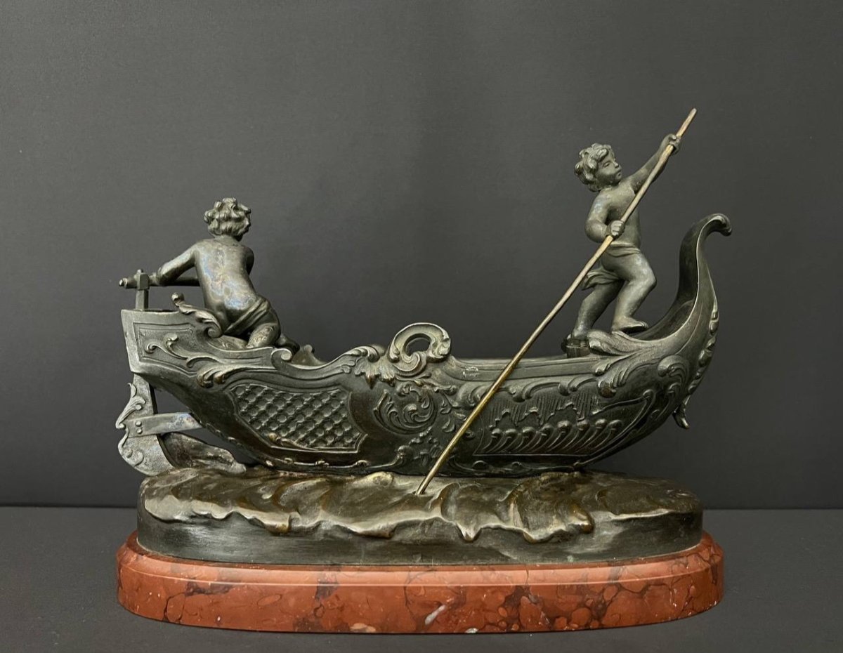 Bronze Subject Attributed To Sylvain Kinsburger (1855-1935). Boat Guided By Two Loves-photo-7