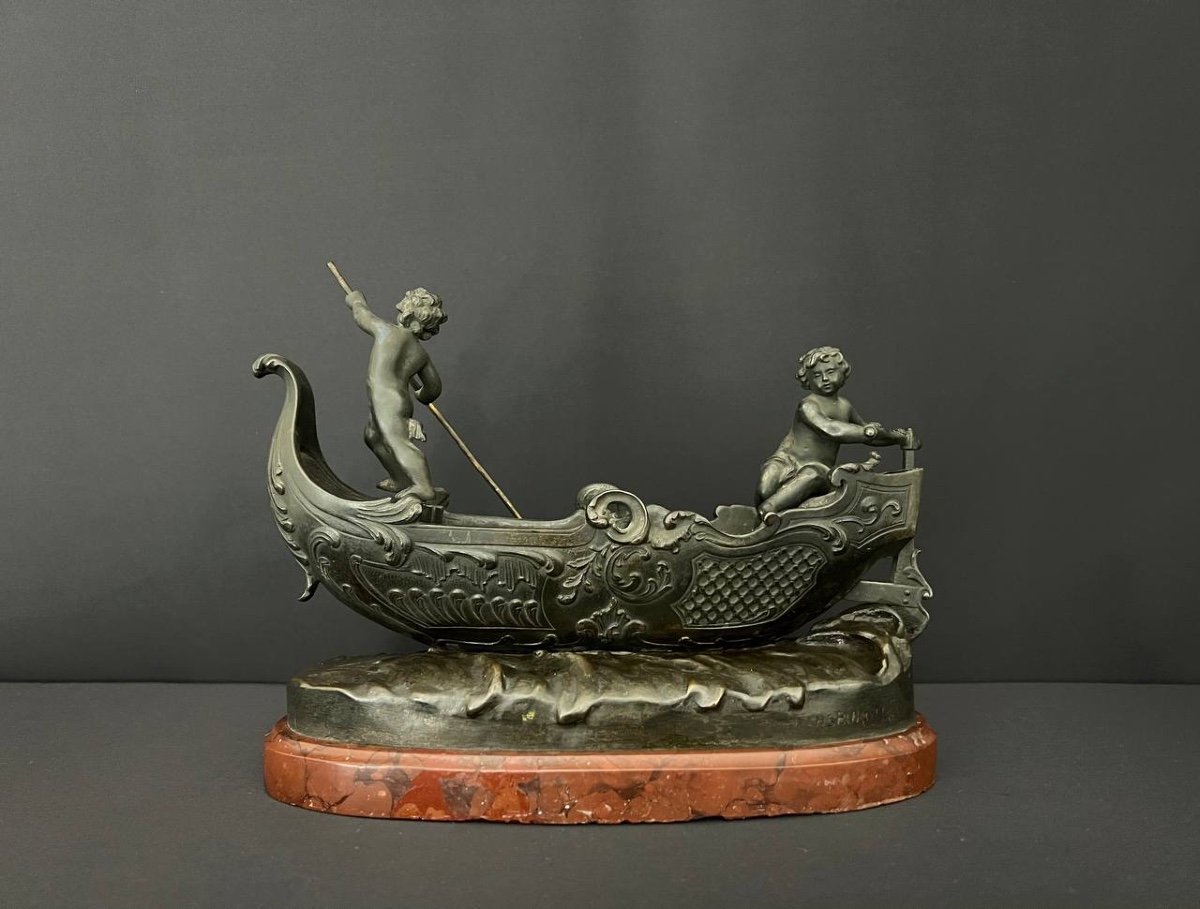 Bronze Subject Attributed To Sylvain Kinsburger (1855-1935). Boat Guided By Two Loves
