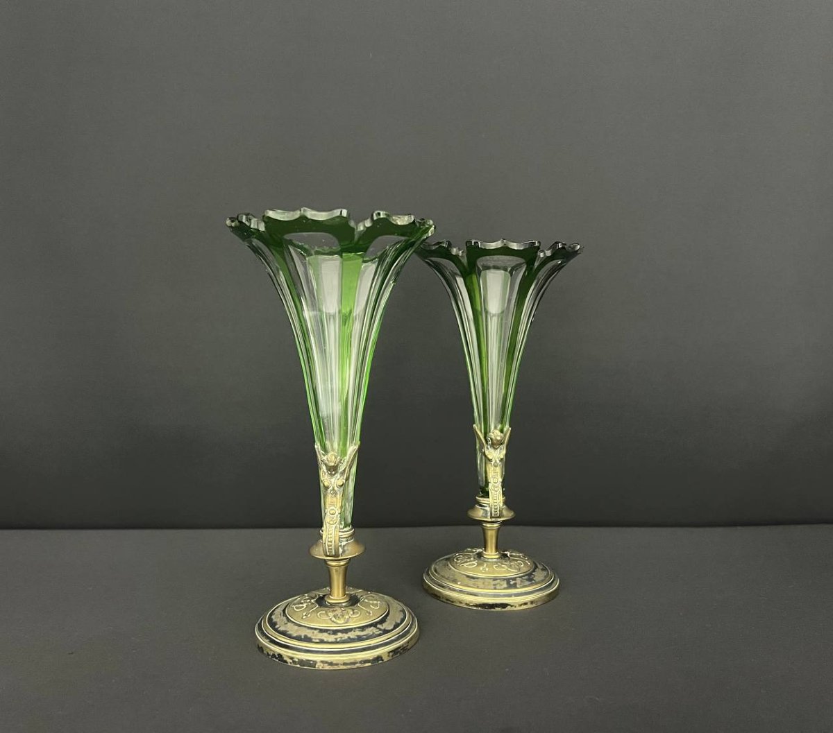 Paire De Vases En Verre Vert Et Bronze – Style Napoléon III -photo-2