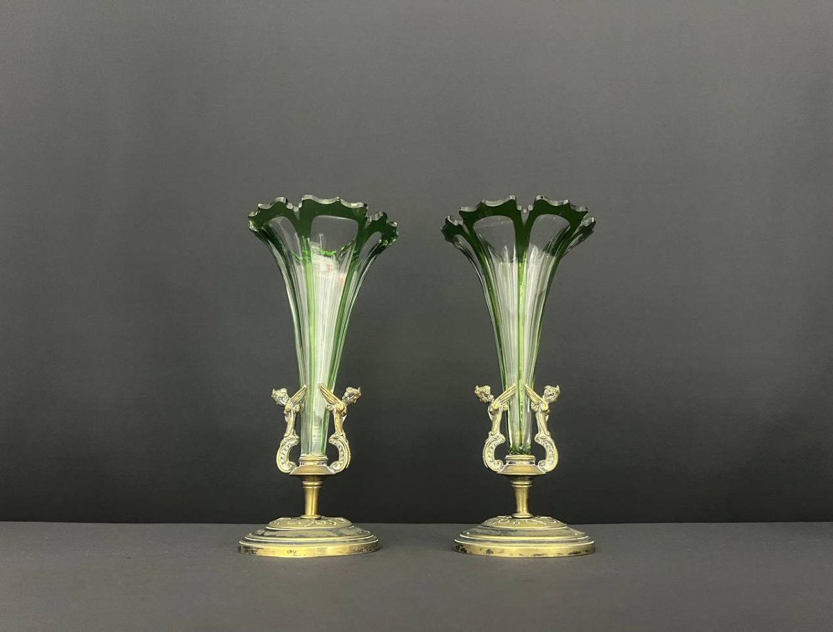 Paire De Vases En Verre Vert Et Bronze – Style Napoléon III -photo-4