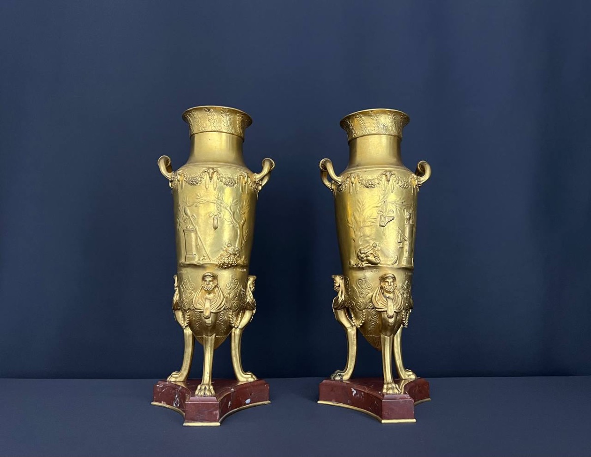Paire De Vases Néoclassiques En Bronze Doré Par F. Levillain & F. Barbedienne – XIXe Siècle-photo-2