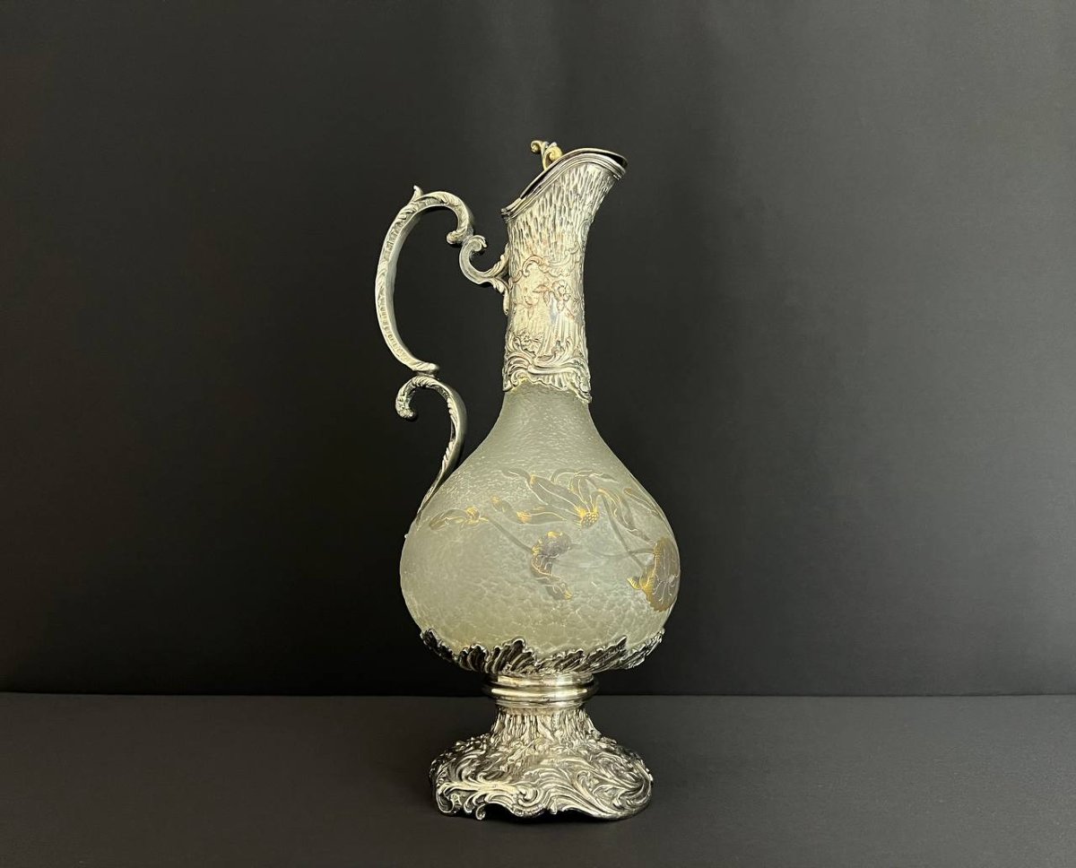 Aiguière Art Nouveau Attribuée à Daum Nancy – Monture En Métal Argenté, Orfèvre Gaston Potiez-photo-2