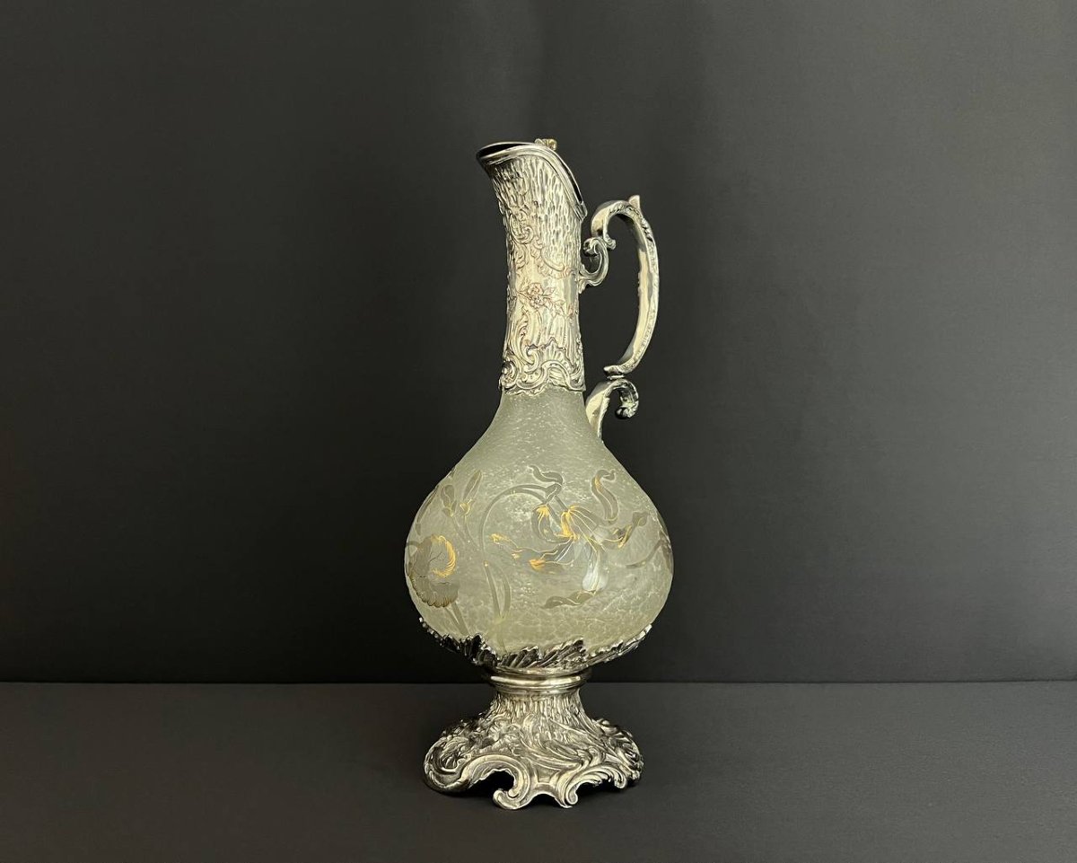 Aiguière Art Nouveau Attribuée à Daum Nancy – Monture En Métal Argenté, Orfèvre Gaston Potiez-photo-4