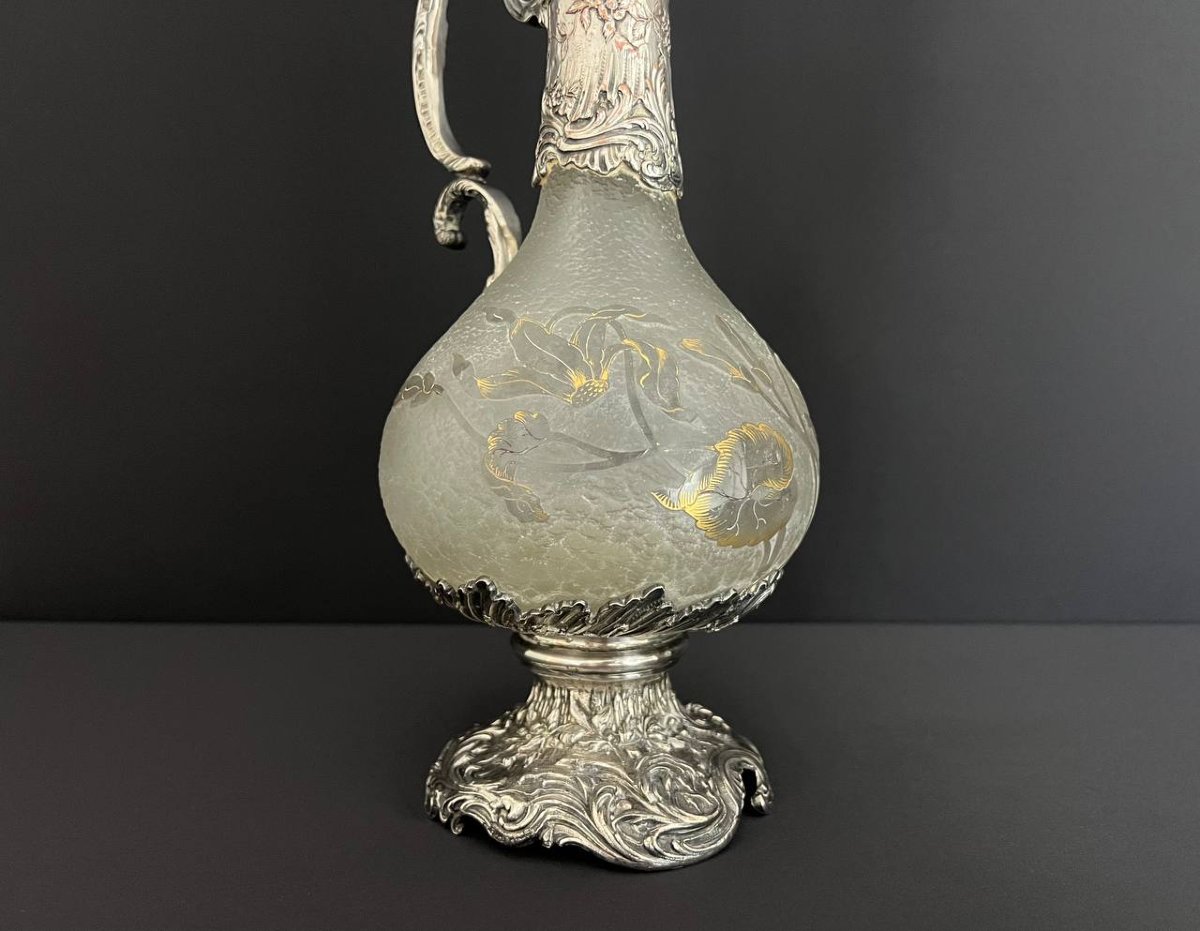 Aiguière Art Nouveau Attribuée à Daum Nancy – Monture En Métal Argenté, Orfèvre Gaston Potiez-photo-2