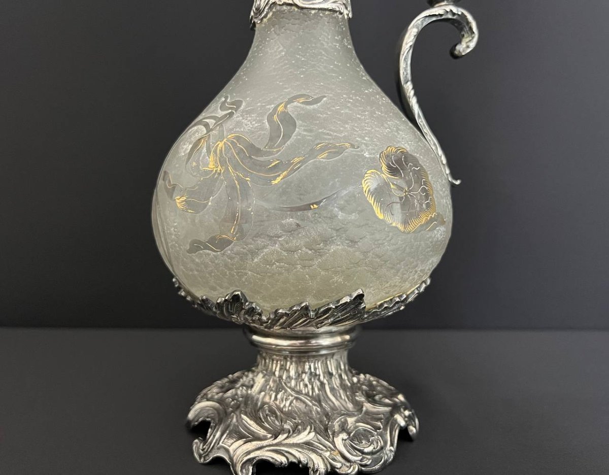 Aiguière Art Nouveau Attribuée à Daum Nancy – Monture En Métal Argenté, Orfèvre Gaston Potiez-photo-3