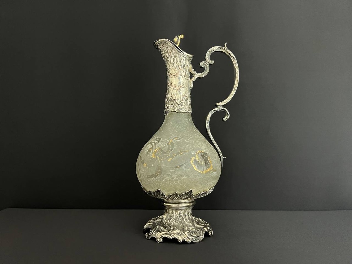 Aiguière Art Nouveau Attribuée à Daum Nancy – Monture En Métal Argenté, Orfèvre Gaston Potiez