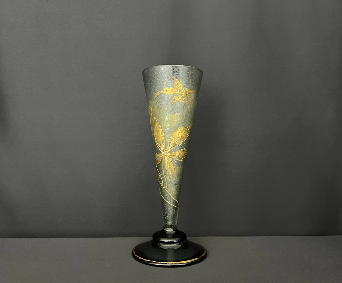 Vase Art Déco En Verre Soufflé Gravé à L’acide – Motif Floral Doré-photo-2