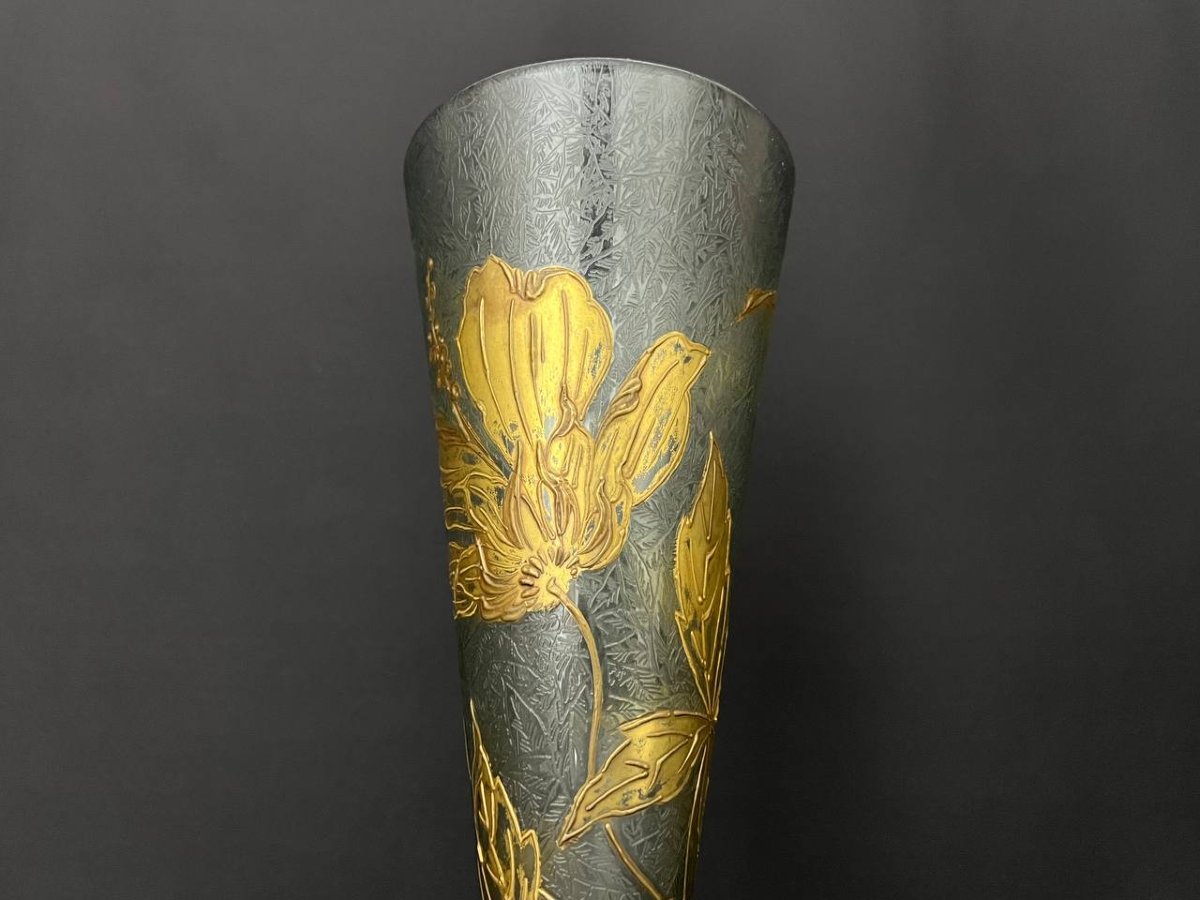 Vase Art Déco En Verre Soufflé Gravé à L’acide – Motif Floral Doré-photo-5