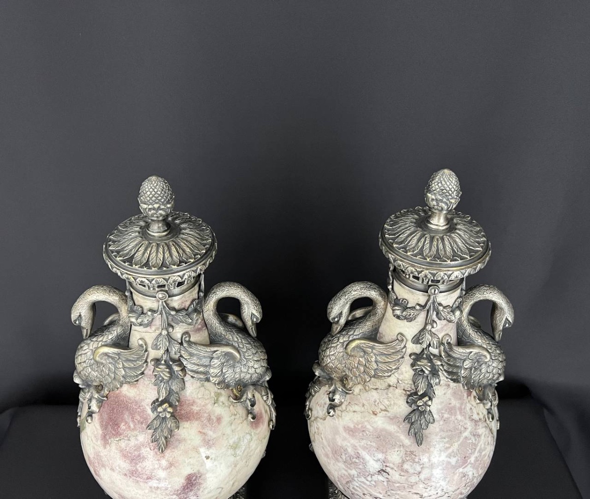 Pair Of Large Marble And Silvered Bronze Urns – Neoclassical / Empire Style – France, Late-photo-7