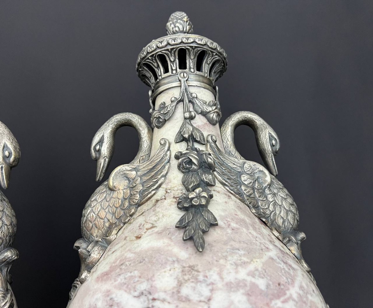 Pair Of Large Marble And Silvered Bronze Urns – Neoclassical / Empire Style – France, Late-photo-8