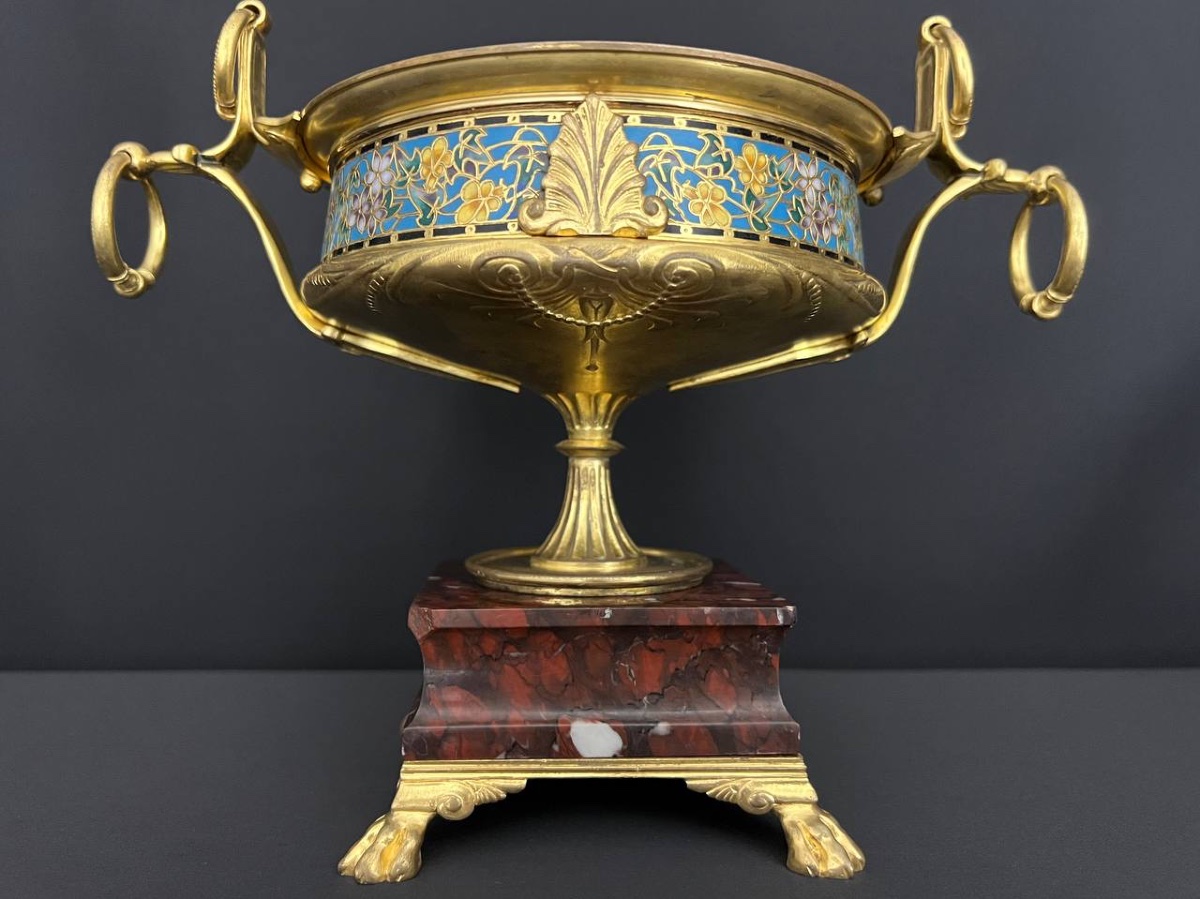 Centerpiece Signed Barbedienne – Gilt Bronze, Cloisonné Enamel And Marble Base -photo-1