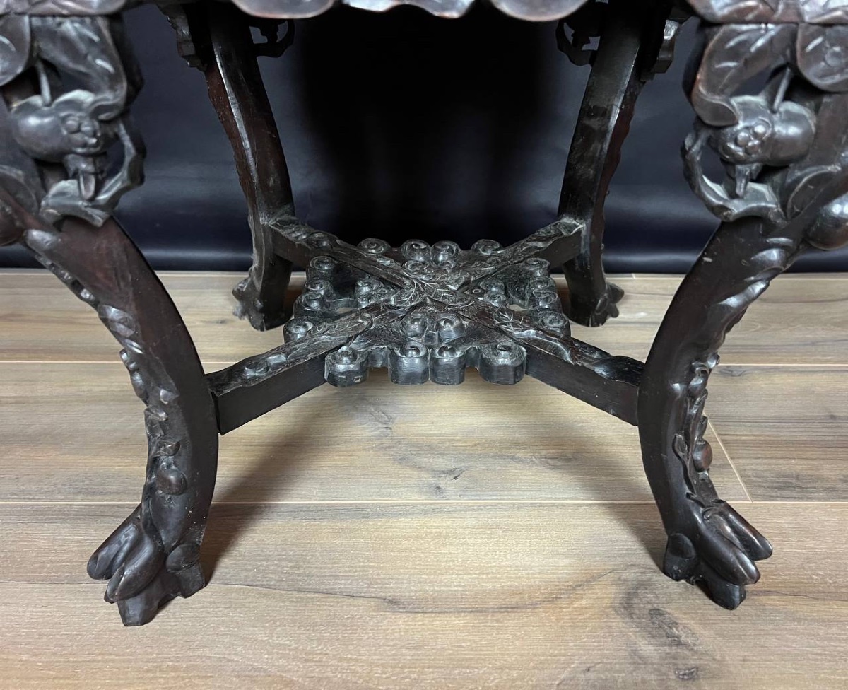 Table Basse Ancienne En Bois Sculpté – Style Asiatique – Plateau En Marbre-photo-3