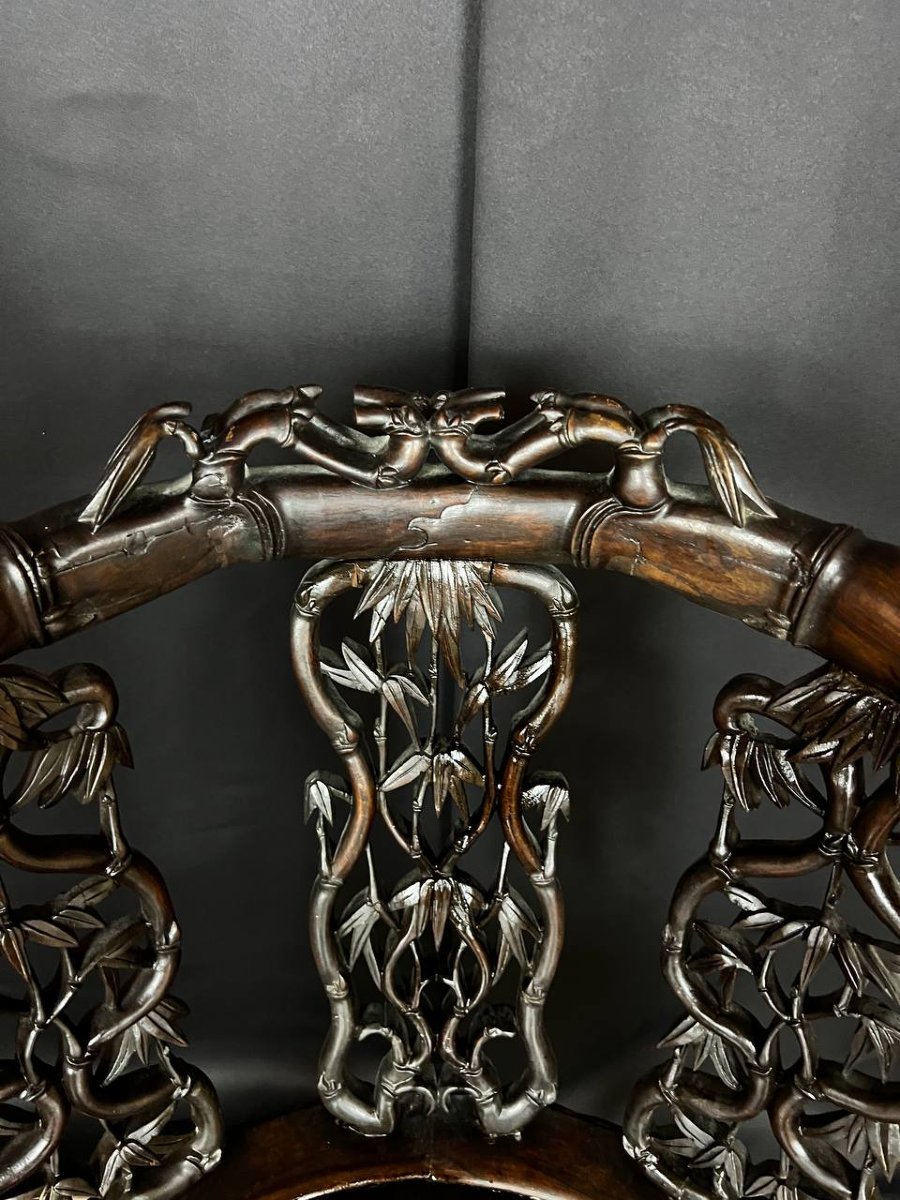Fauteuil D’angle Asiatique En Bois Sculpté-photo-2