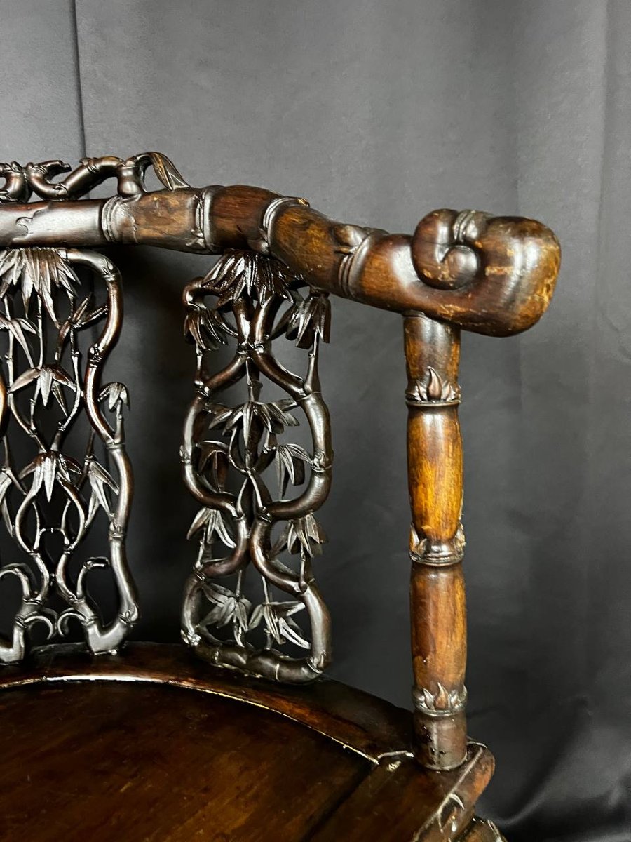 Fauteuil D’angle Asiatique En Bois Sculpté-photo-3