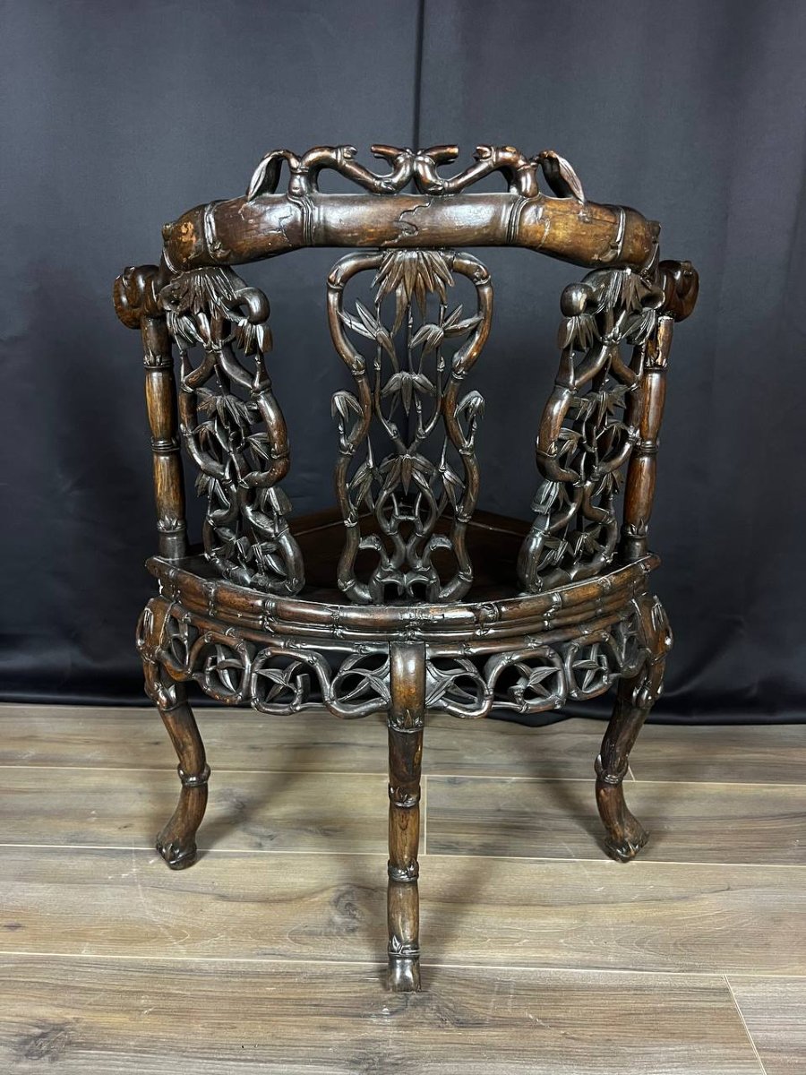 Fauteuil D’angle Asiatique En Bois Sculpté-photo-4