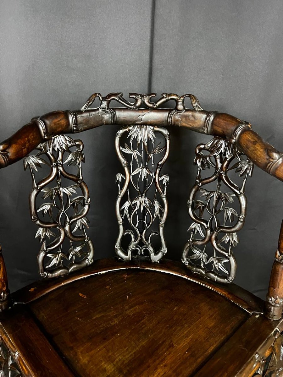Fauteuil D’angle Asiatique En Bois Sculpté-photo-1