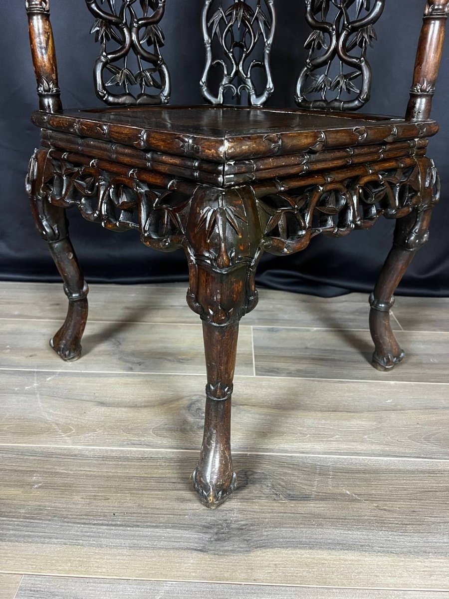 Fauteuil D’angle Asiatique En Bois Sculpté-photo-2