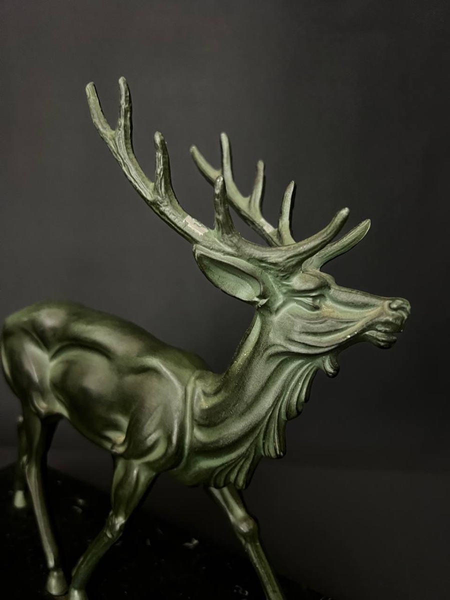 Pair Of Art Deco Bookends – Spelter Deer With Antique Green Patina -photo-2
