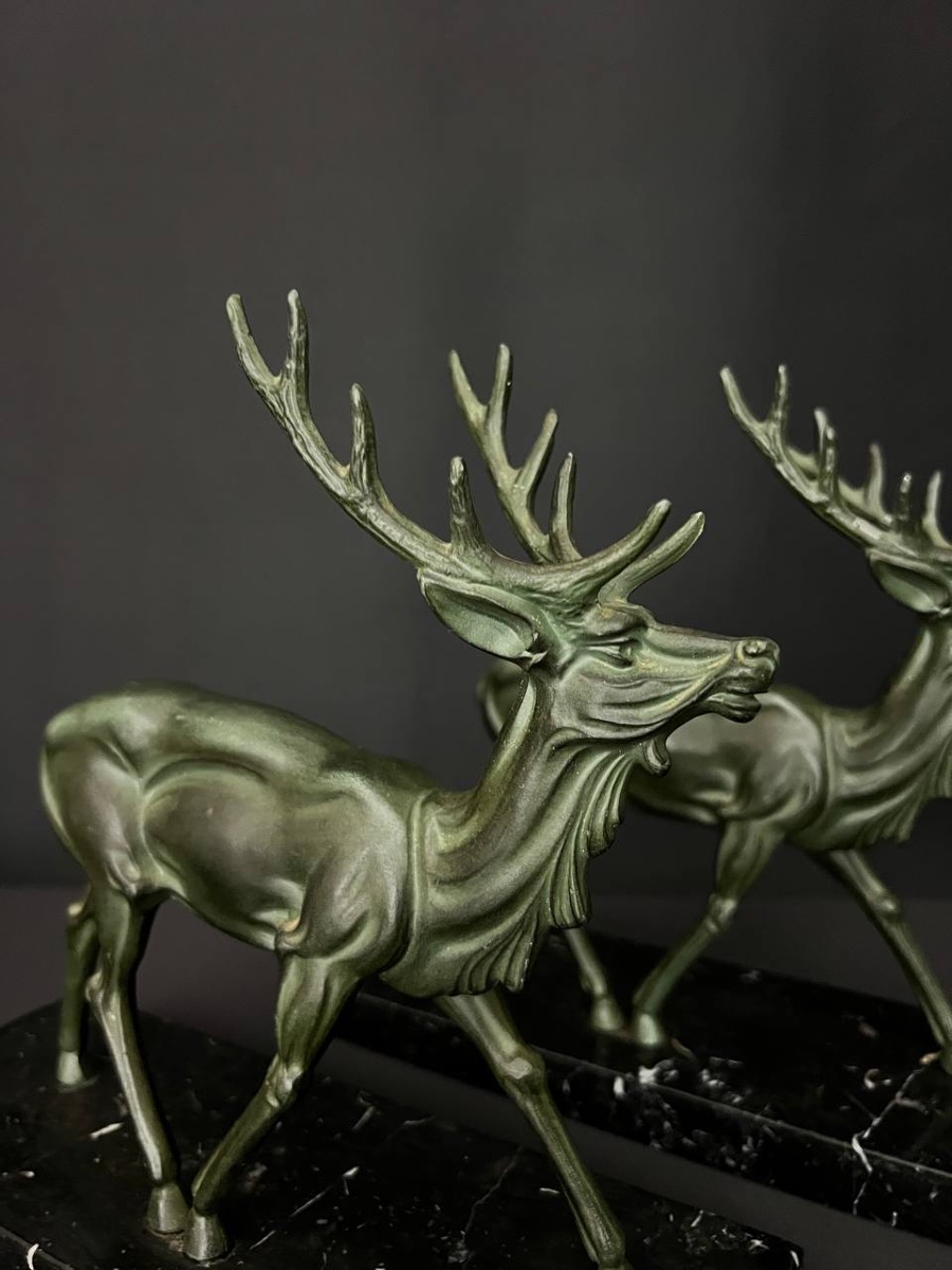Pair Of Art Deco Bookends – Spelter Deer With Antique Green Patina -photo-3