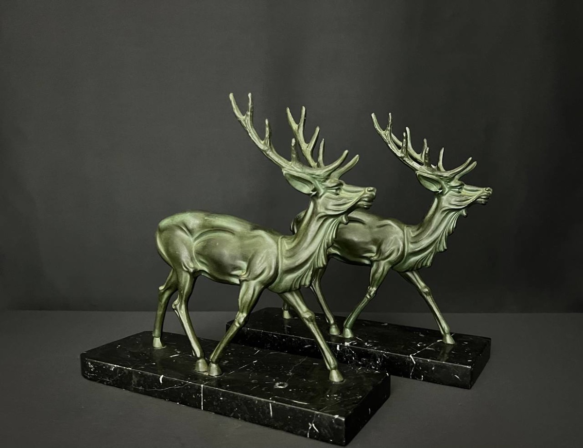 Pair Of Art Deco Bookends – Spelter Deer With Antique Green Patina -photo-4