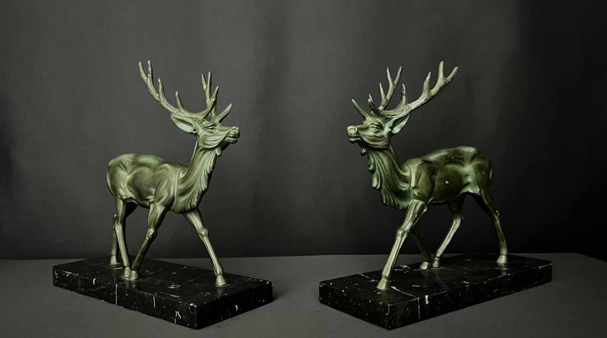 Pair Of Art Deco Bookends – Spelter Deer With Antique Green Patina 