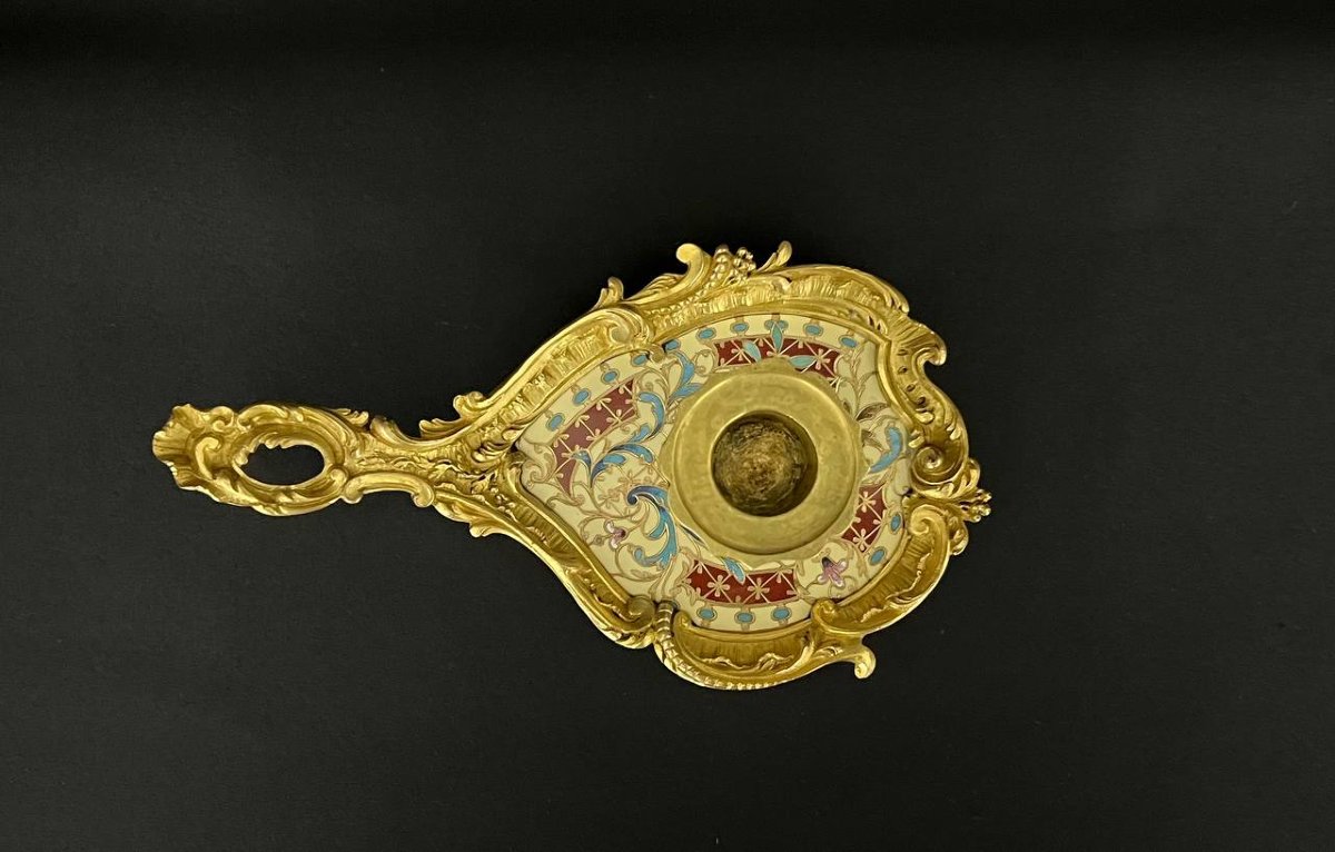 Bougeoir En Bronze Doré Et émail Champlevé-photo-3