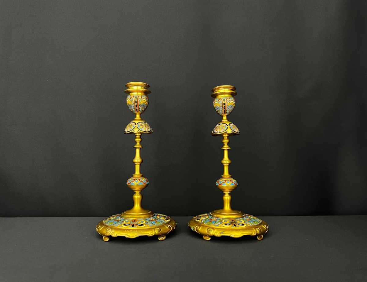 Pair Of Candlesticks In Gilt Bronze And Champlevé Enamel – Ferdinand Barbedienne-photo-2