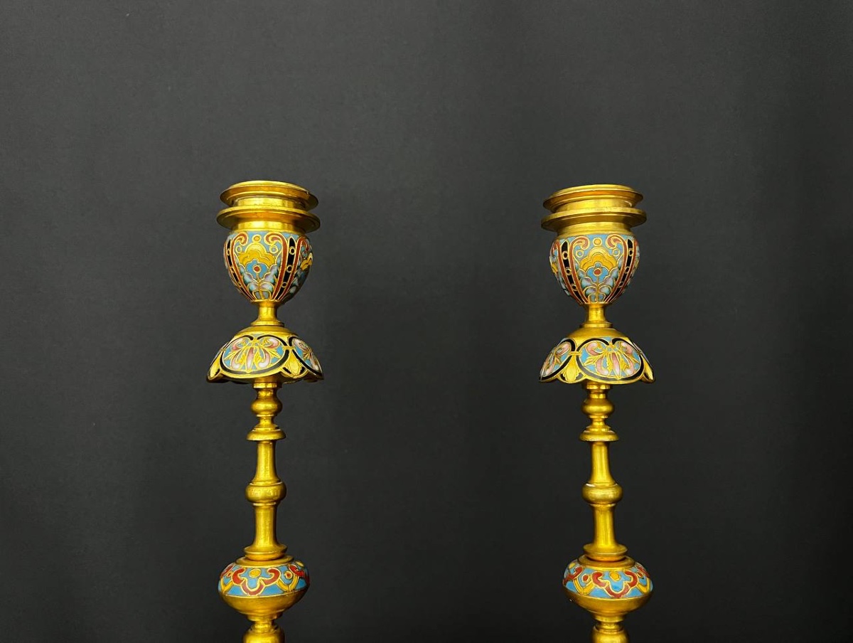 Pair Of Candlesticks In Gilt Bronze And Champlevé Enamel – Ferdinand Barbedienne-photo-4