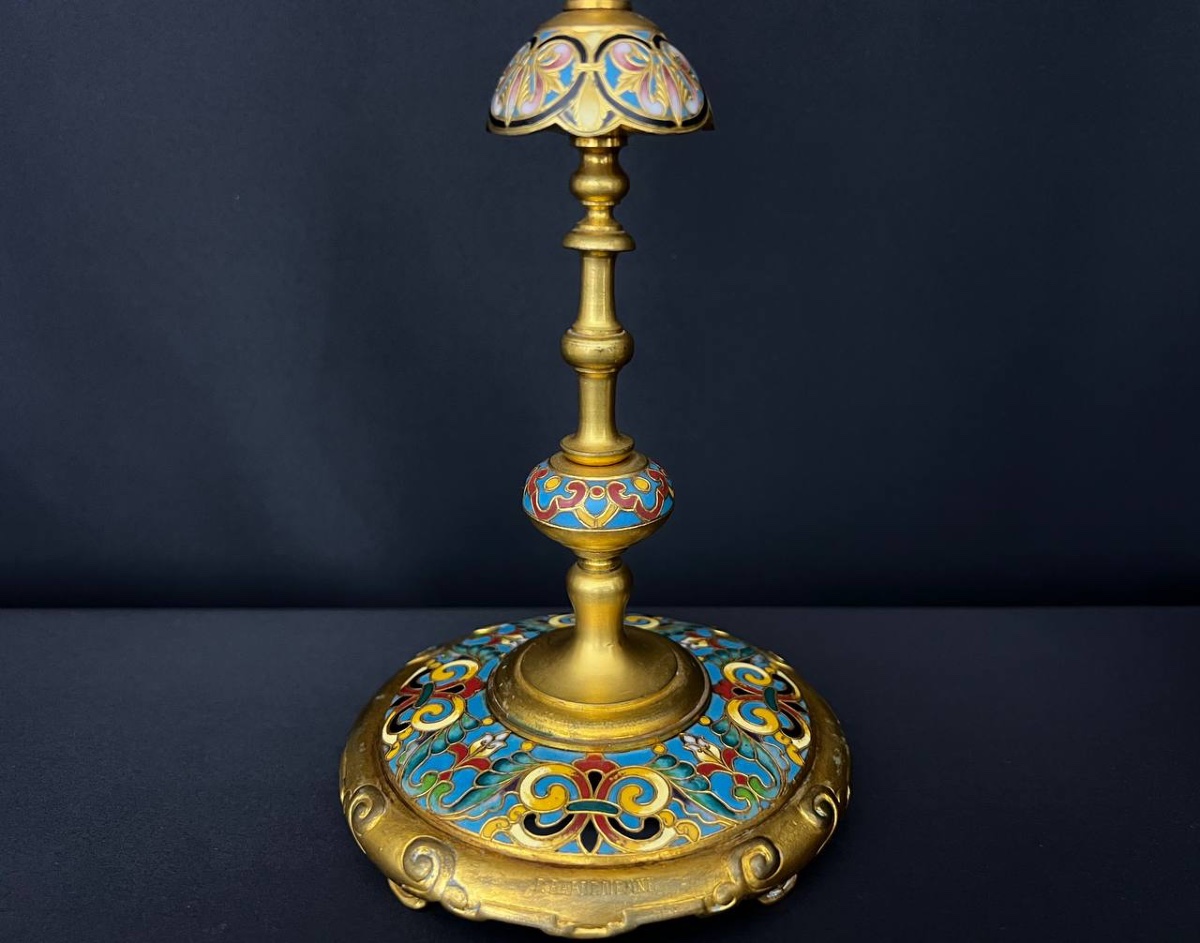 Pair Of Candlesticks In Gilt Bronze And Champlevé Enamel – Ferdinand Barbedienne-photo-4