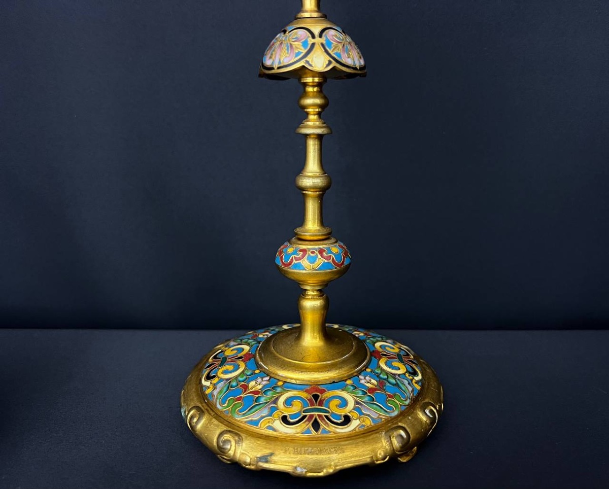 Pair Of Candlesticks In Gilt Bronze And Champlevé Enamel – Ferdinand Barbedienne-photo-6