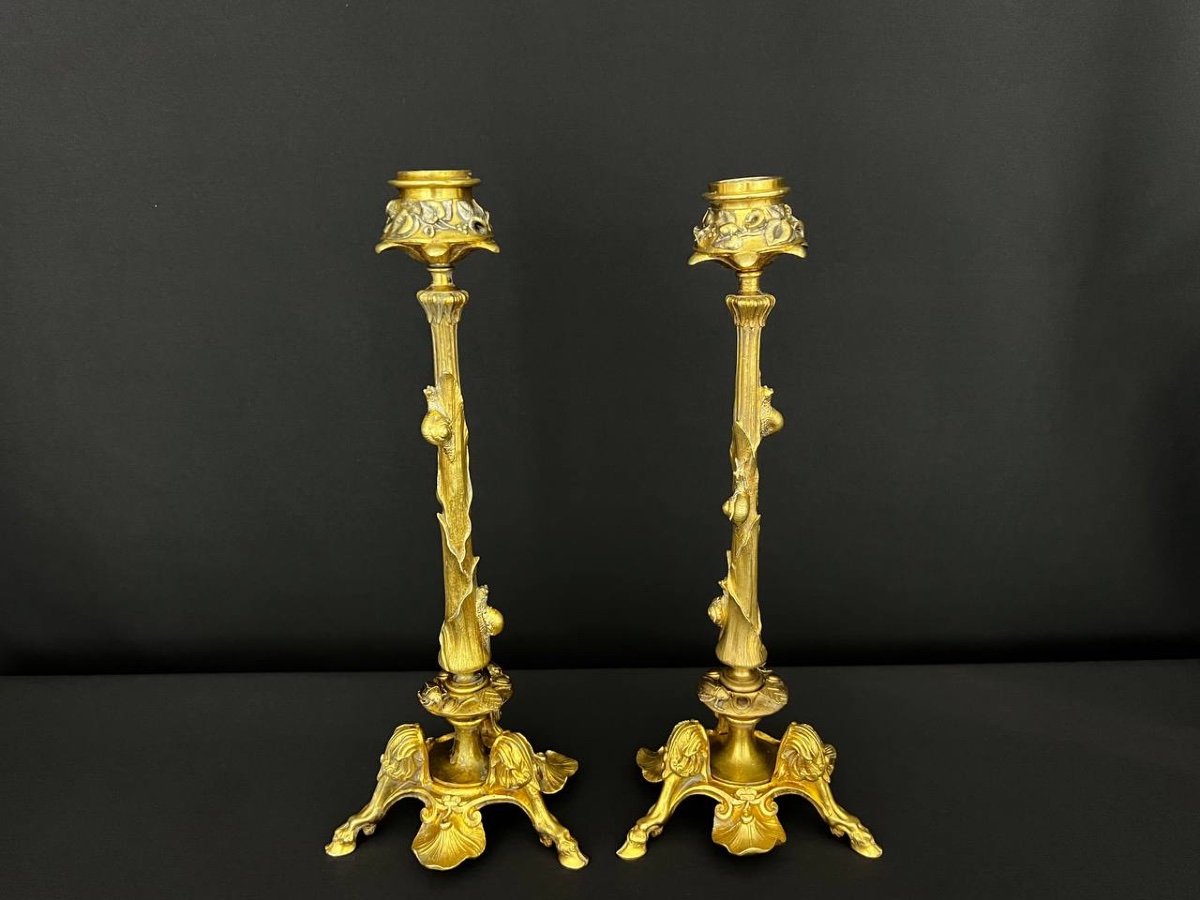 Pair Of Louis XV Style Gilt Bronze Candlesticks -photo-1